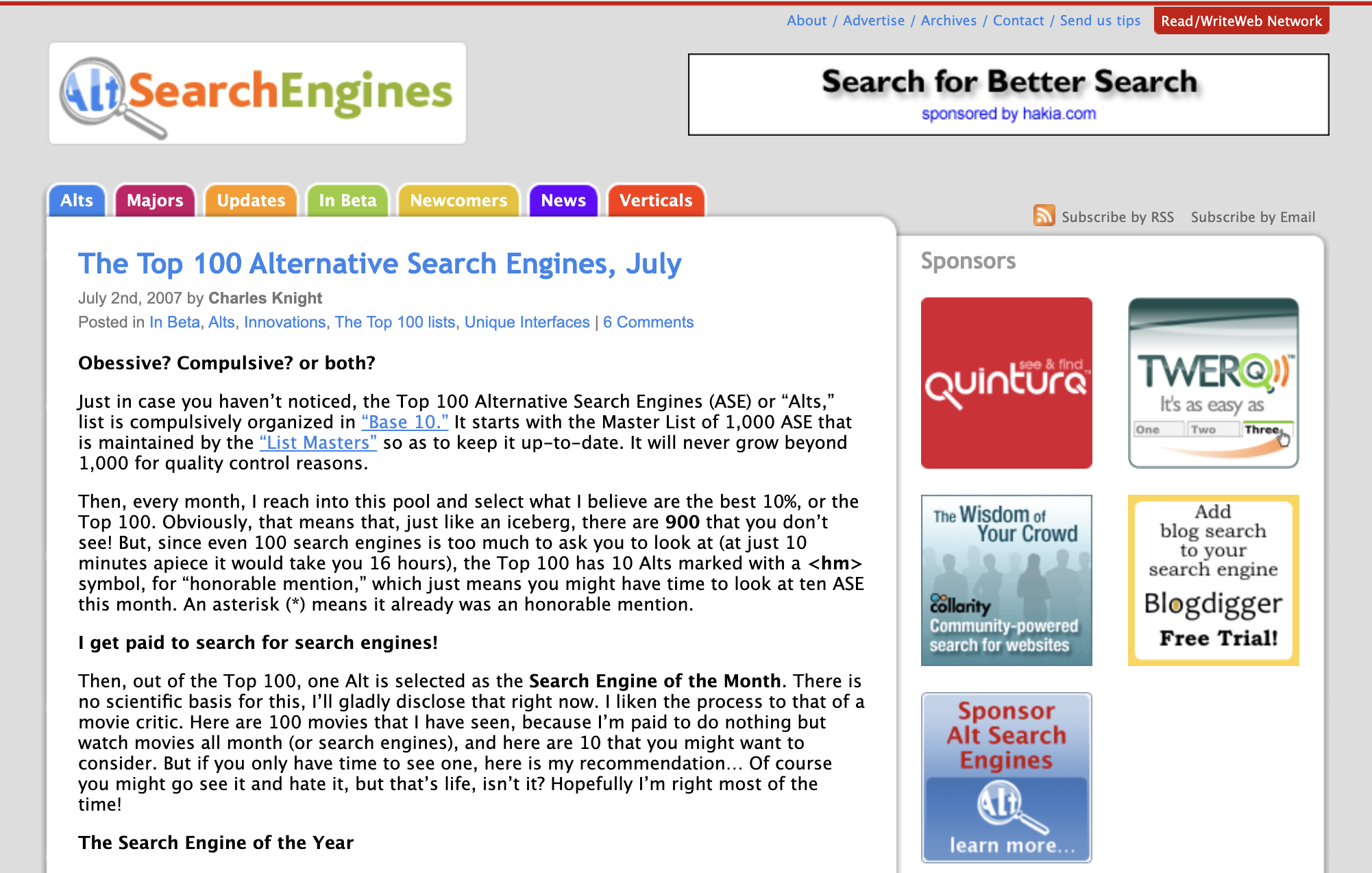 AltSearchEngines; screenshot from early July 2007.