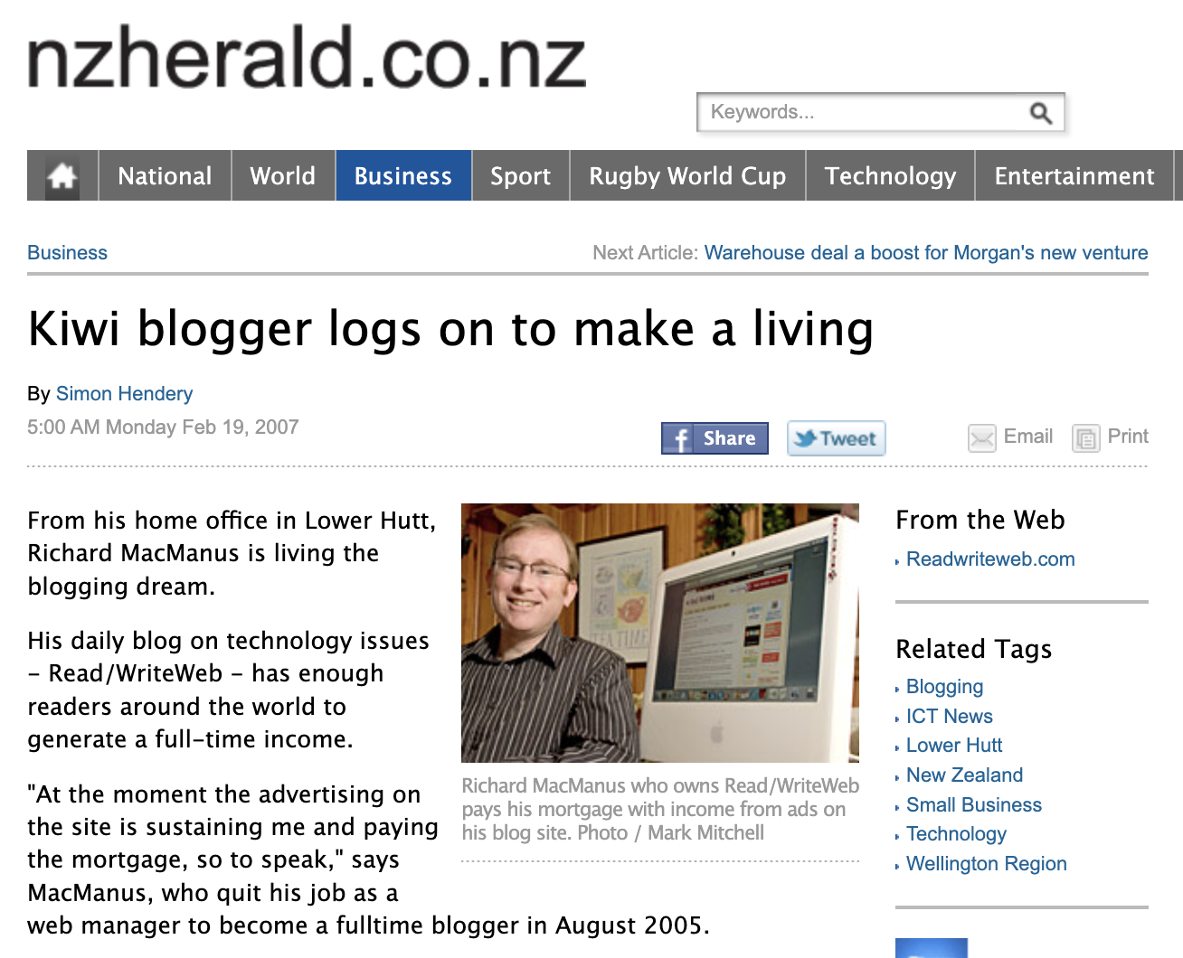 NZ Herald article about a kiwi blogger