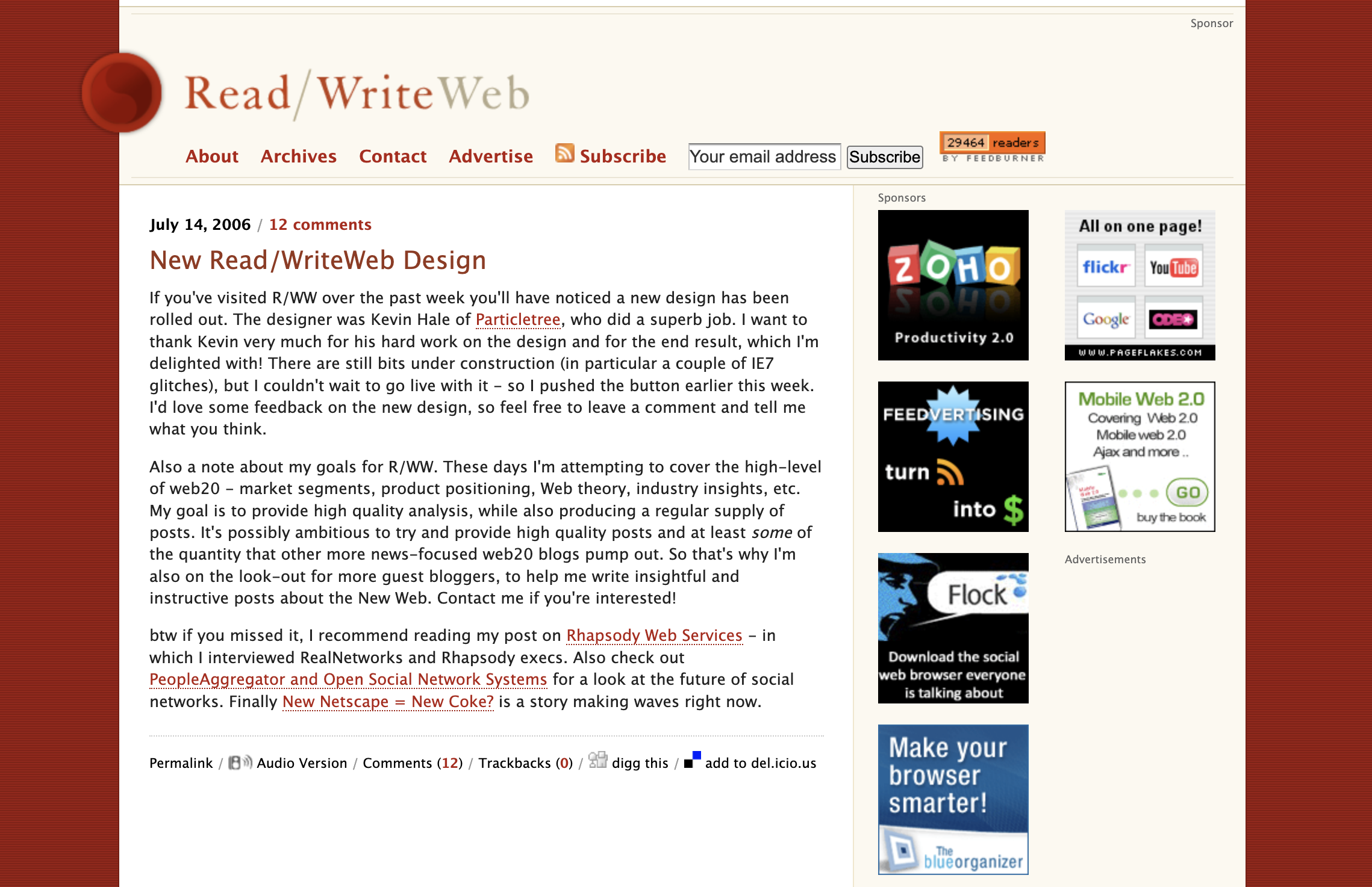 The new design: screenshot of RWW in July 2006