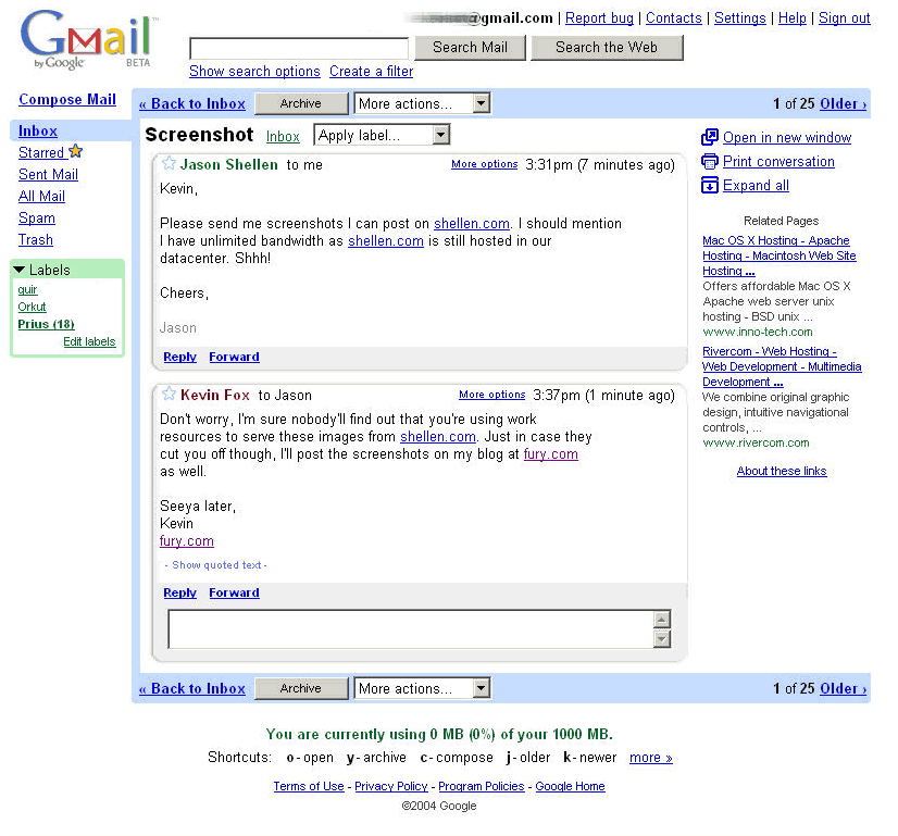 Gmail at launch, April 2004