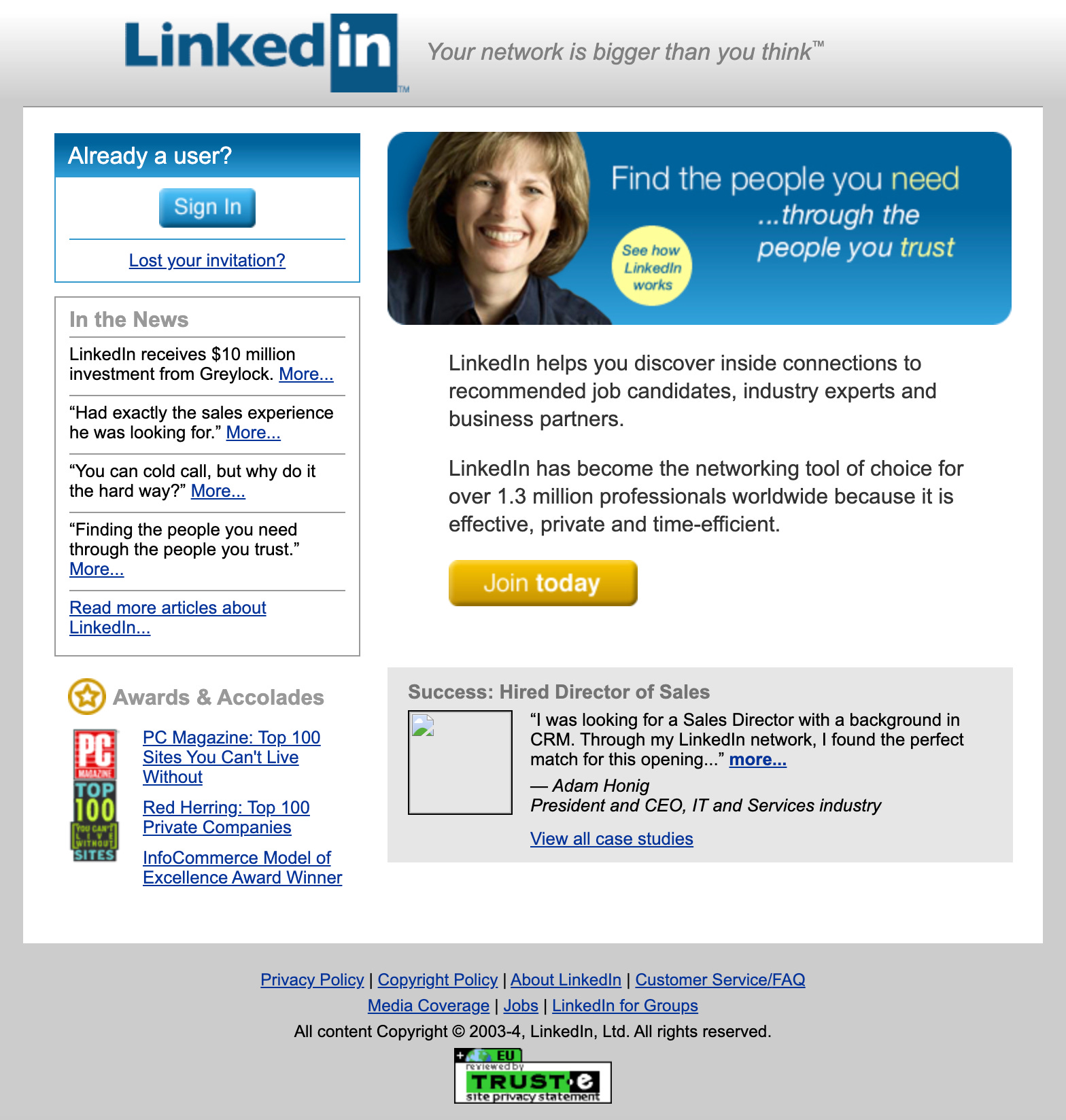 LinkedIn screenshot, November 2004