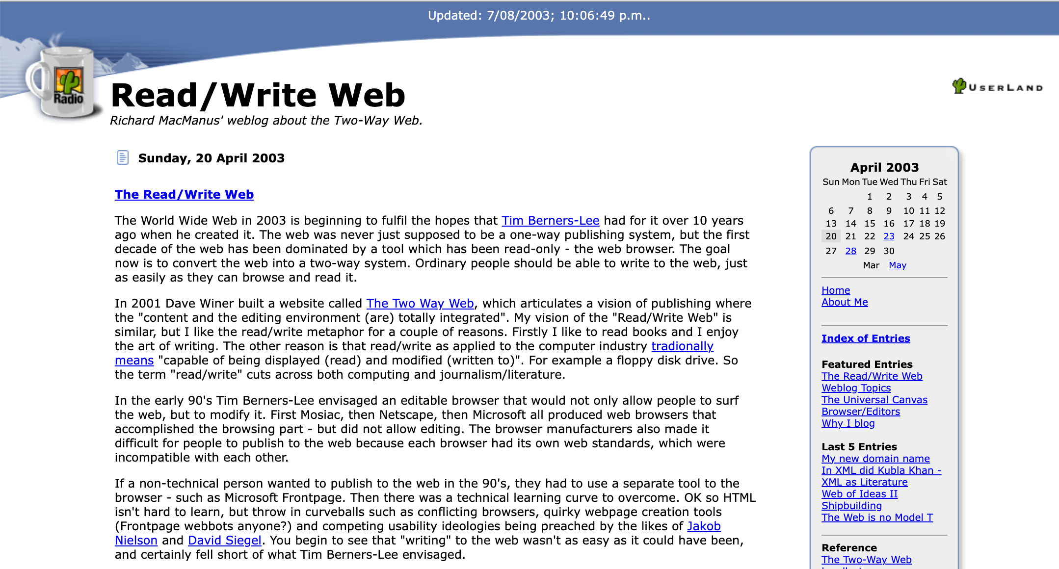 The first ReadWriteWeb post, April 2003