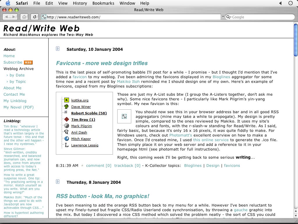 Behold, my tableless CSS design. Safari screen capture from 10 January 2004.