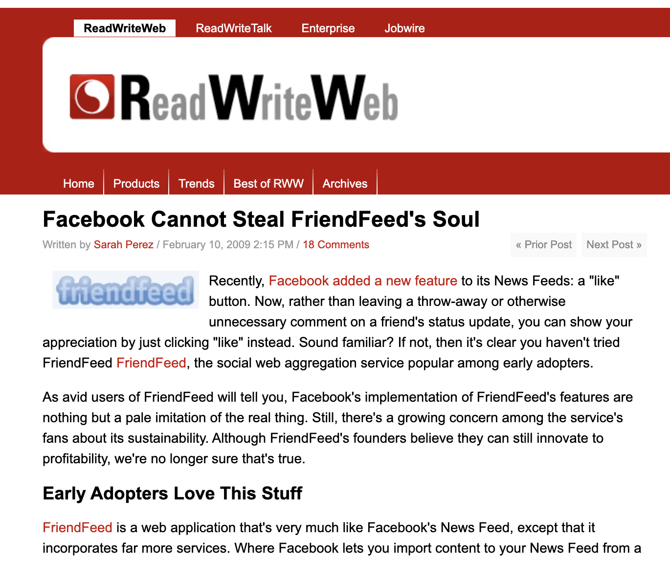 FriendFeed post on RWW, Feb 2009