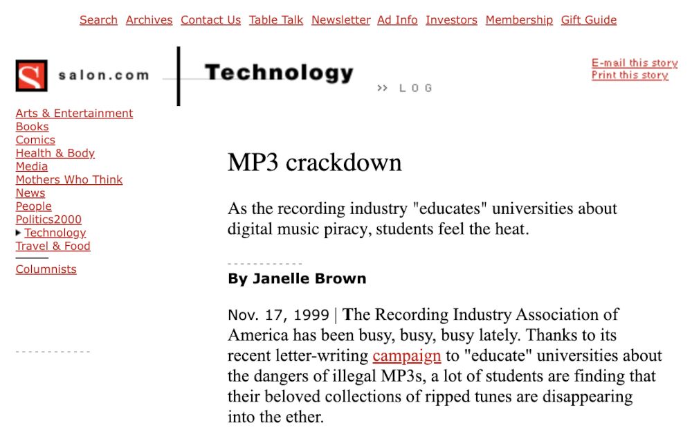 Salon story on MP3 crackdown, November 1999