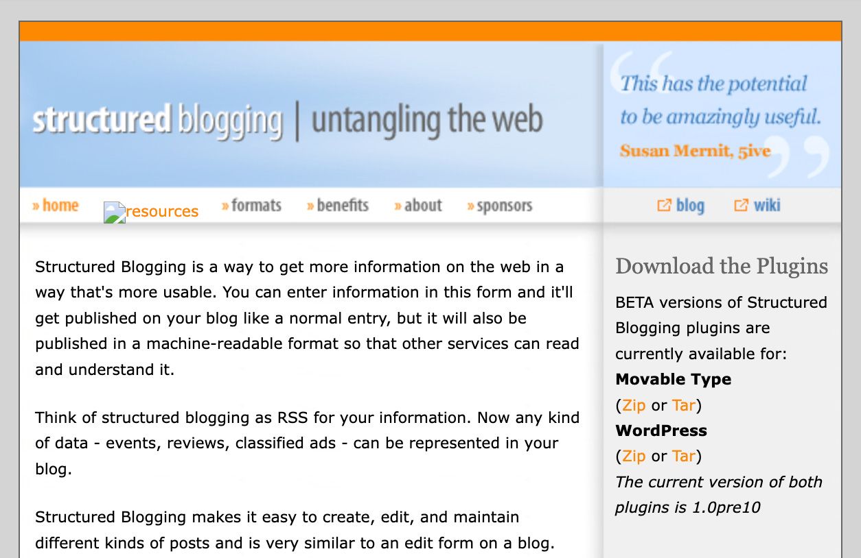 The Structured Blogging website, circa December 2005.