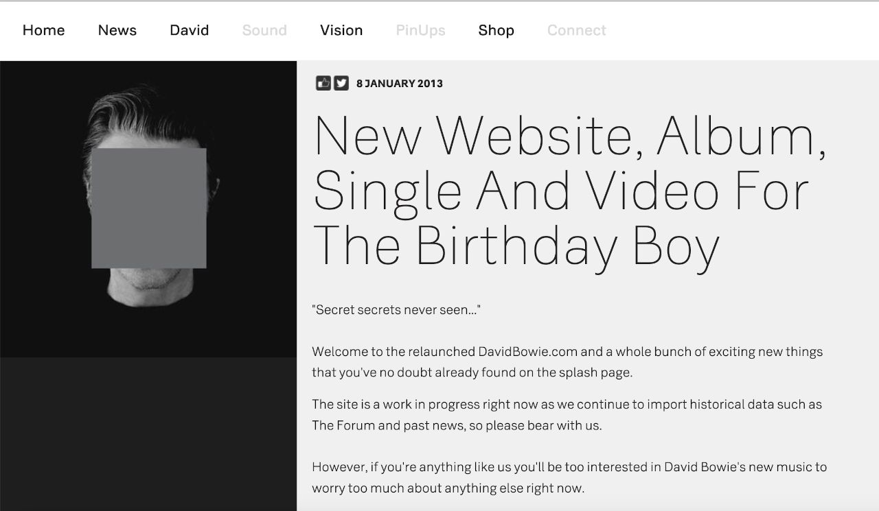 Bowie website announcement, January 2013