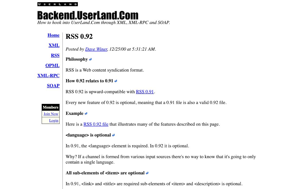 RSS 0.92, December 2000