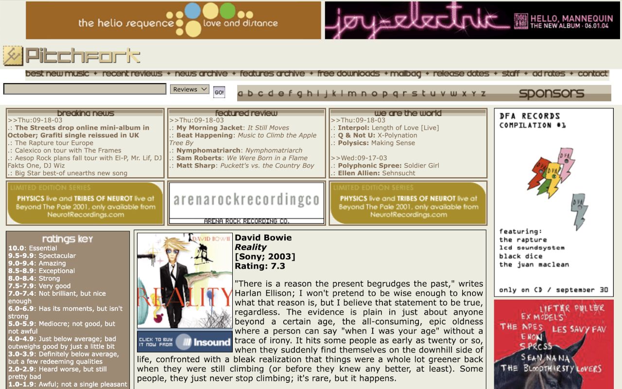 Pitchfork's Bowie album review, September 2003