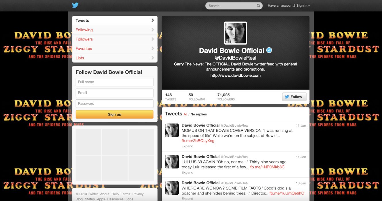 Bowie Twitter account, January 2013