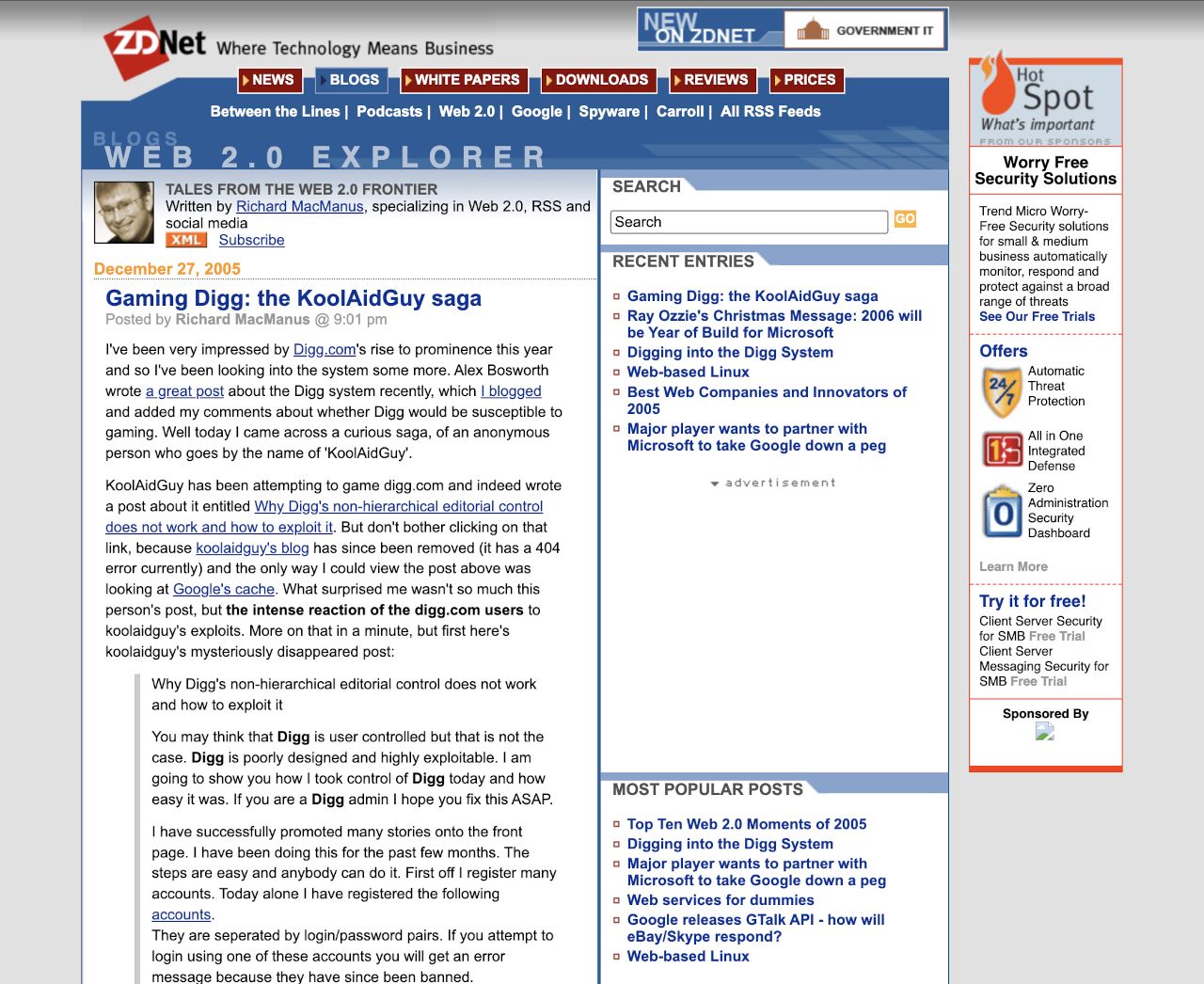 ZDNet Web 2.0 Explorer homepage, 31 December 2005