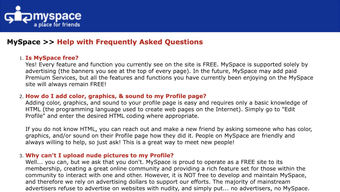 MySpace FAQ, October 2003