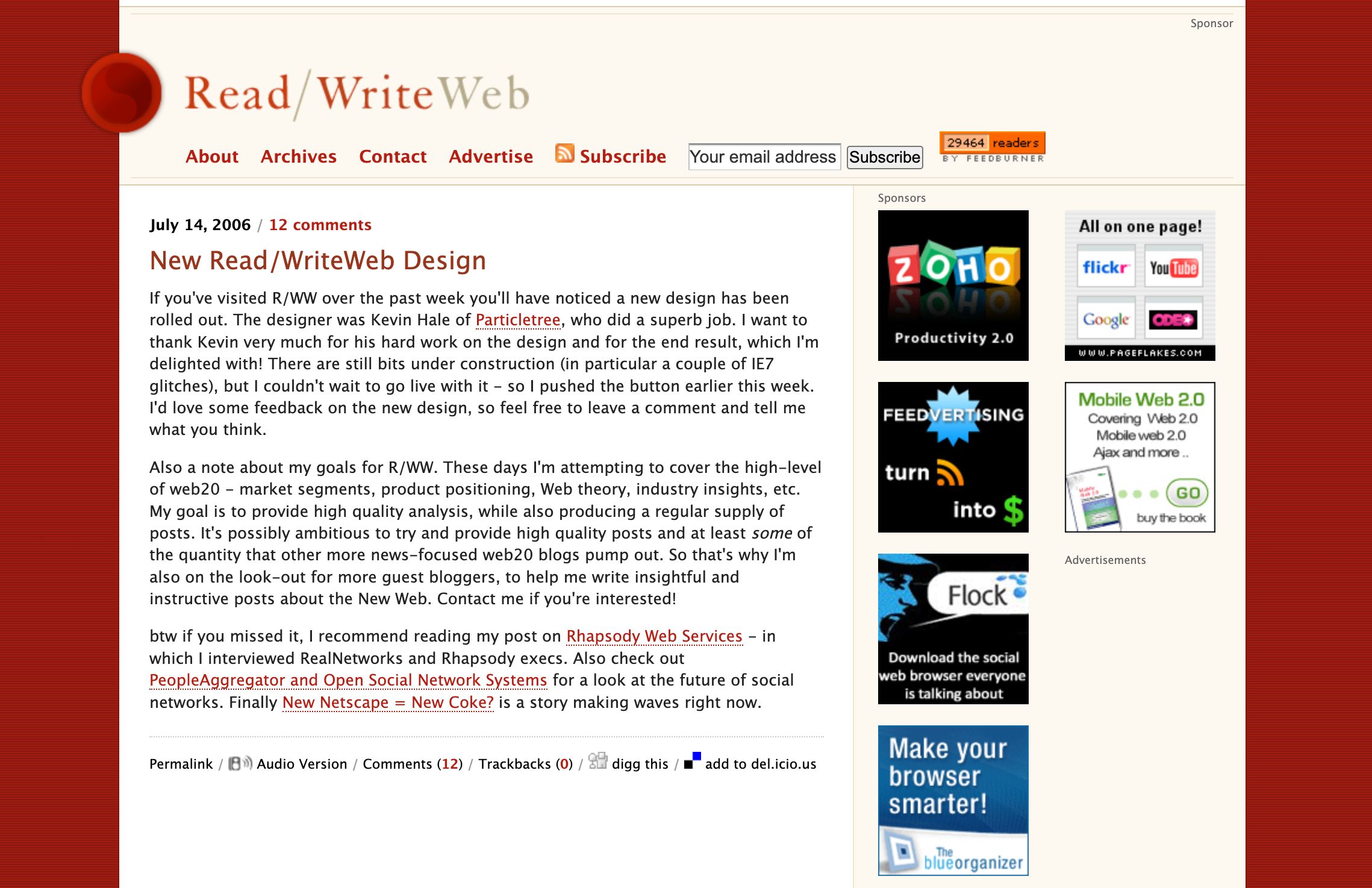 The new design: screenshot of RWW in July 2006