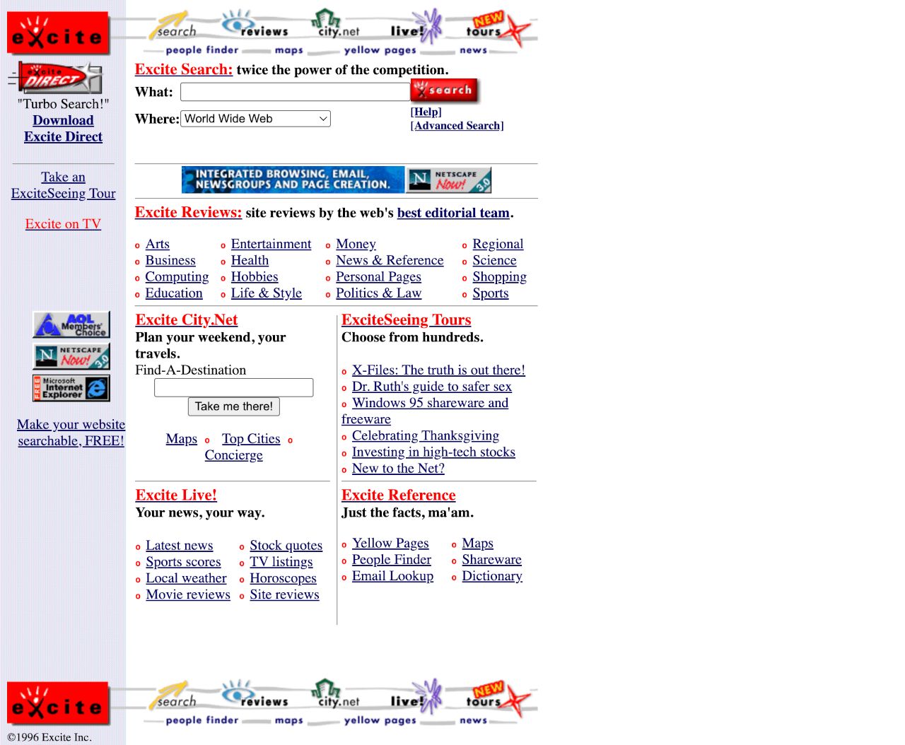 Excite web portal, November 1996