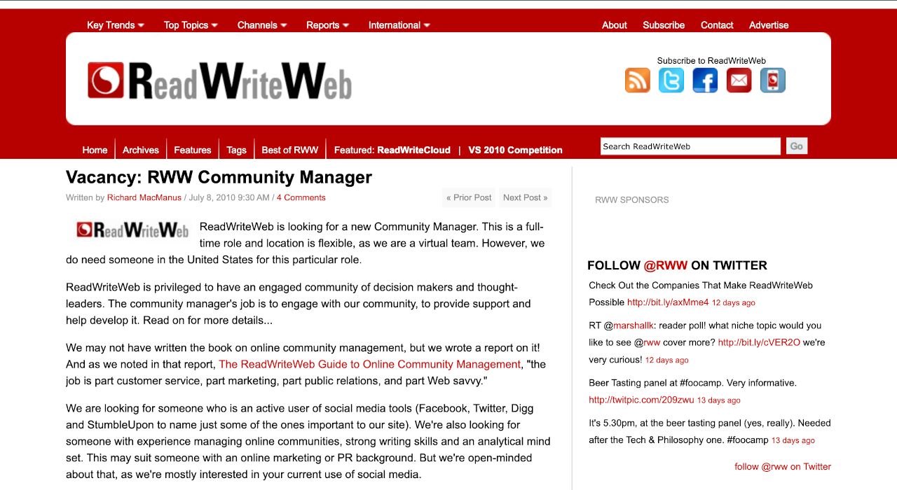 RWW post for community manager, July 2010