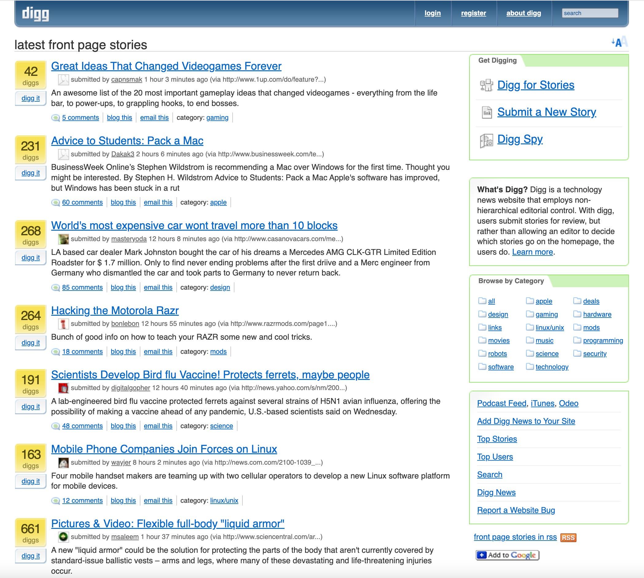 Digg homepage, June 2006