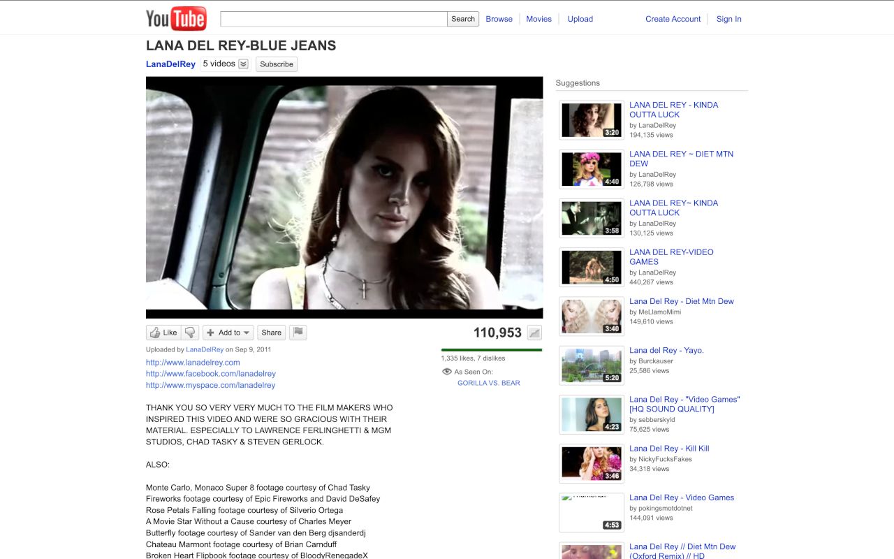 Lana Del Rey, Blue Jeans video on YouTube, September 2011