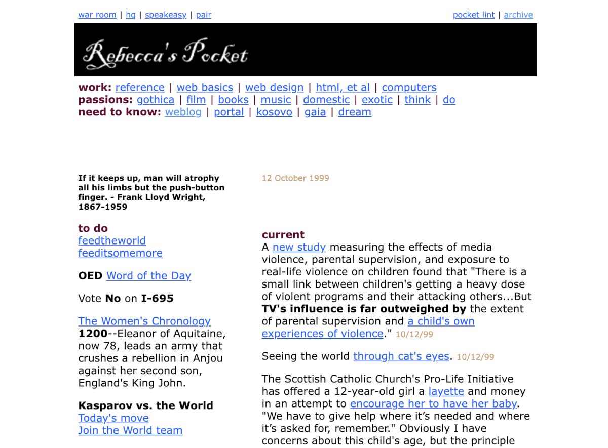 Rebecca Blood's weblog, October 1999