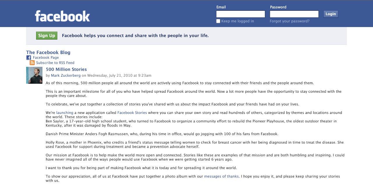 Facebook reaches 500 million active users, July 2010