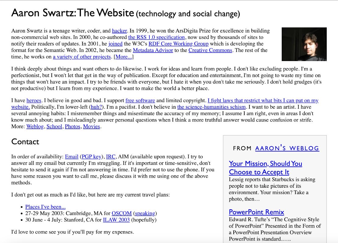 Aaron Swartz website, May 2003