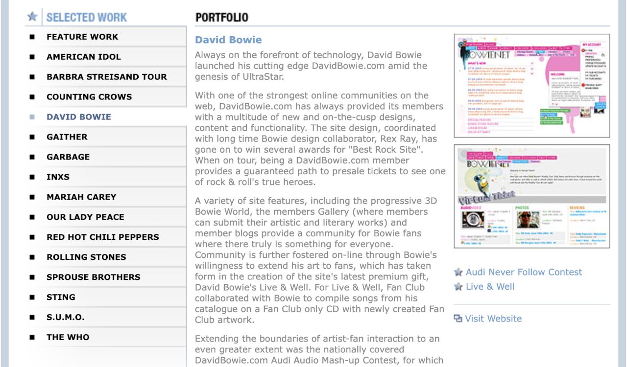 UltraStar website, Bowie profile, 2006
