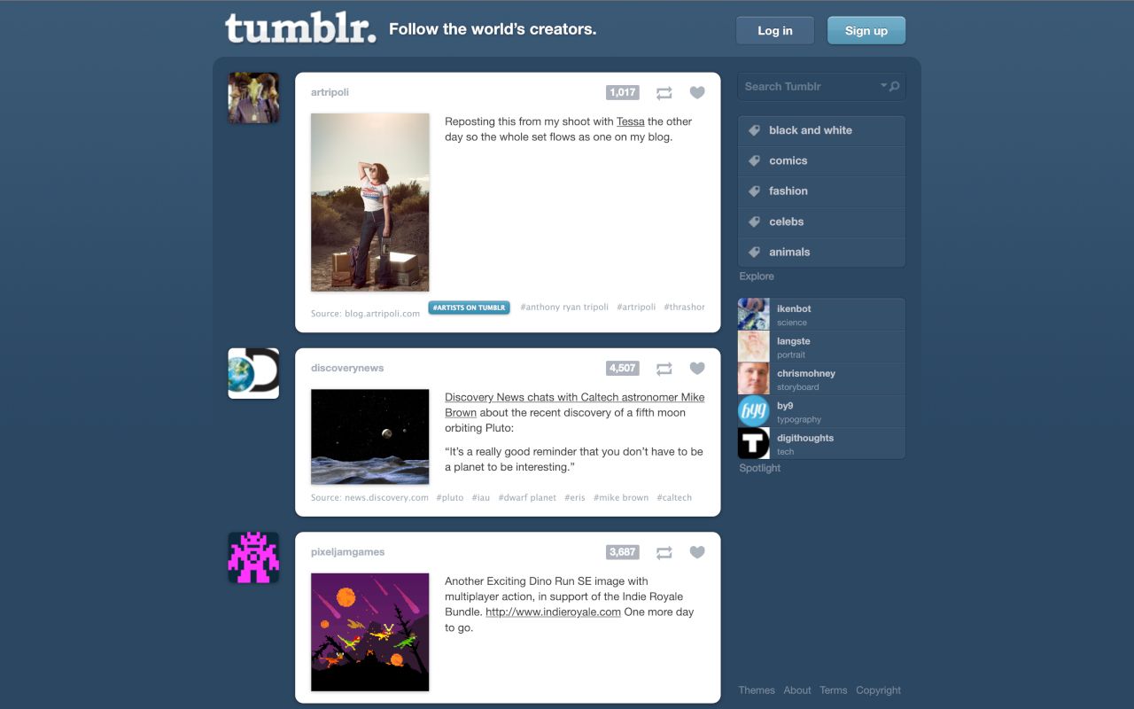 Tumblr homepage, July 2012