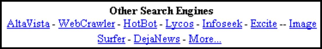 List of search engines at the bottom of Yahoo.com, mid-1998