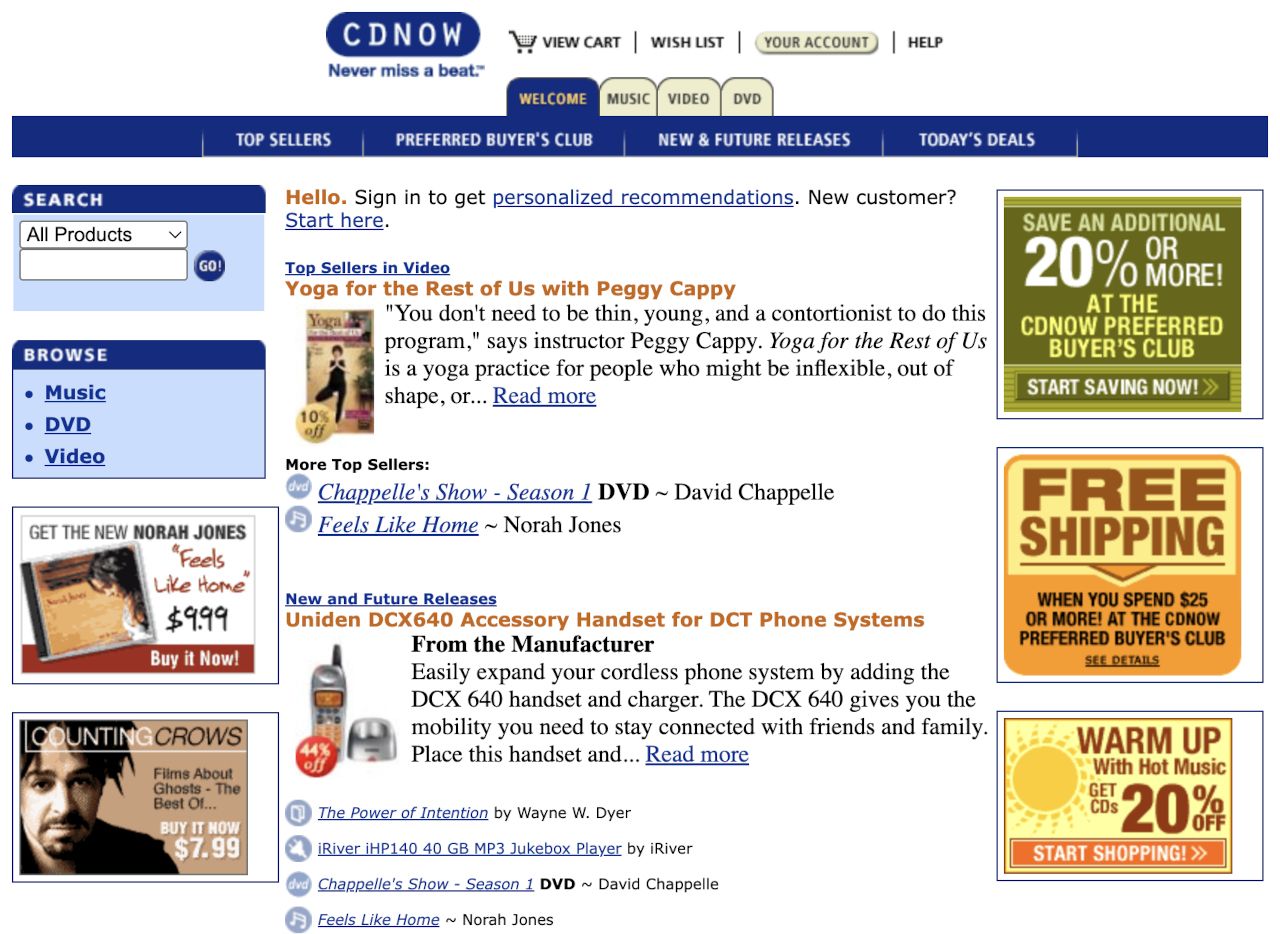 CDnow page with Amazon tabs, February 2004