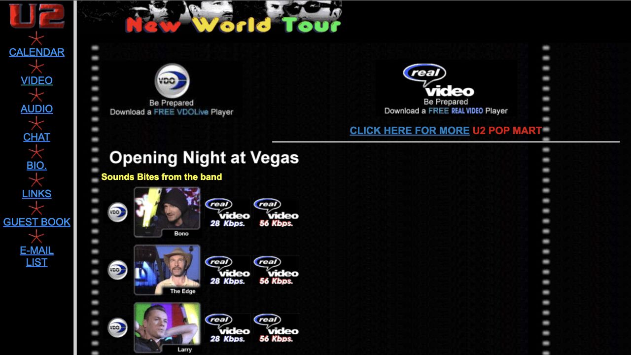 June 1997 screenshot of a U2 website featuring RealVideo and VDOLive videos