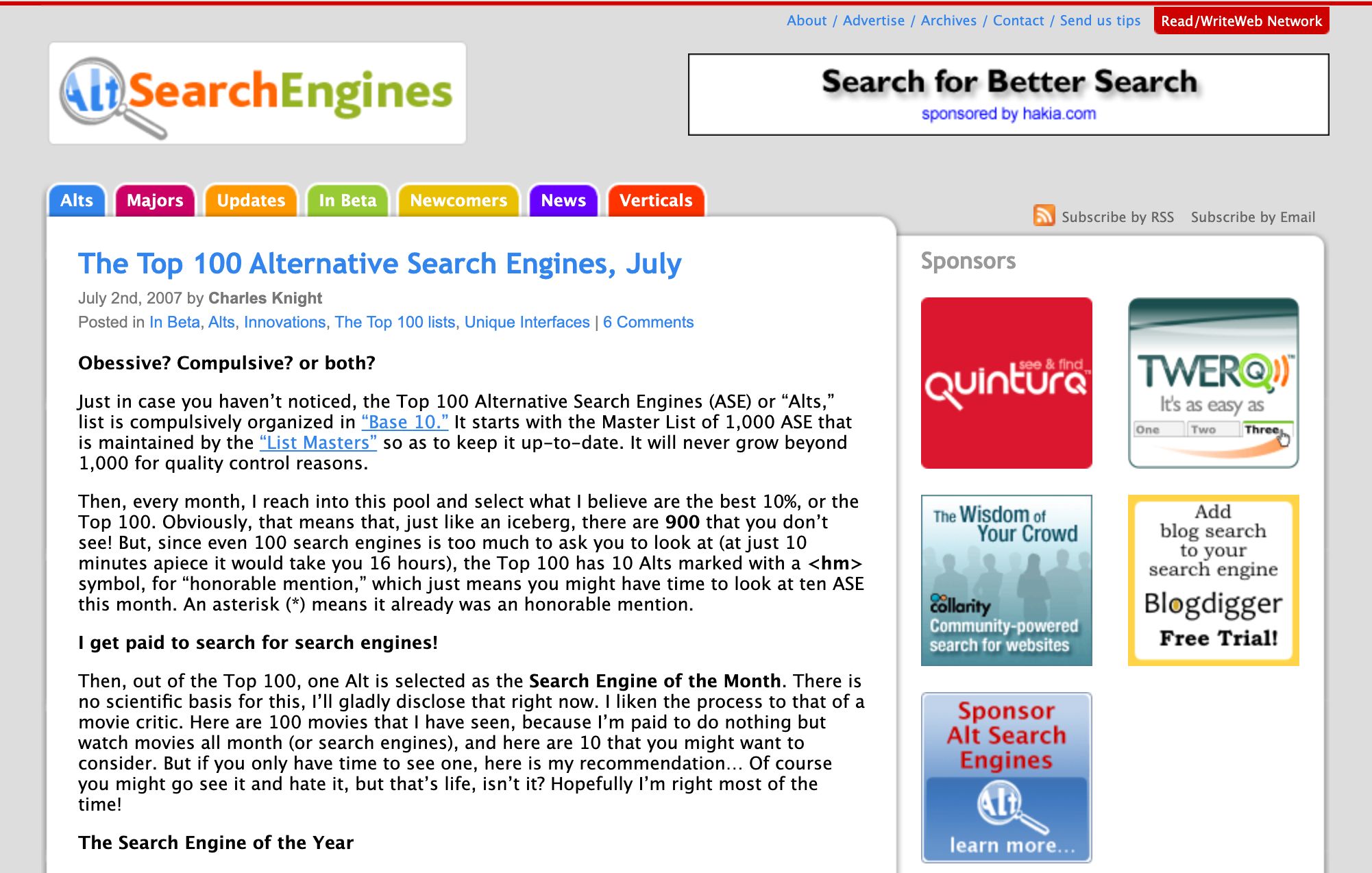 AltSearchEngines; screenshot from early July 2007.