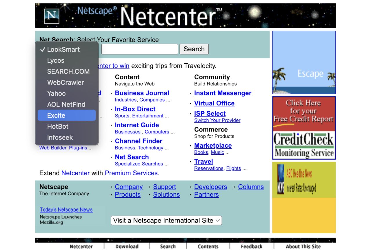 screenshot of Netscape search options, 1998