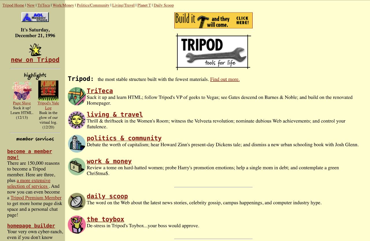 Tripod screenshot, December 1996