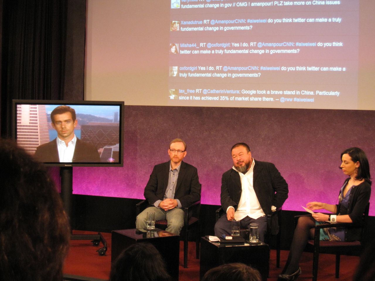 Richard MacManus onstage with Ai Weiwei and Jack Dorsey, March 2010