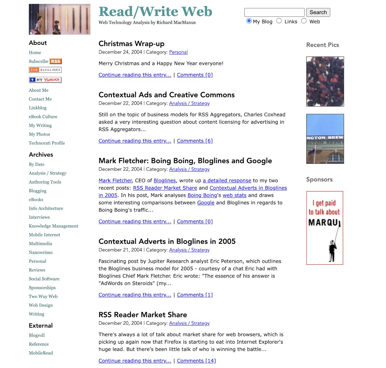 ReadWriteWeb homepage, 29 December 2004