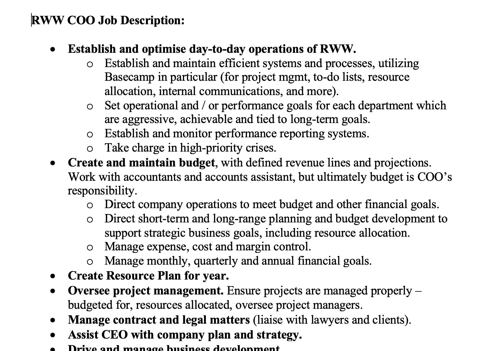 RWW COO description