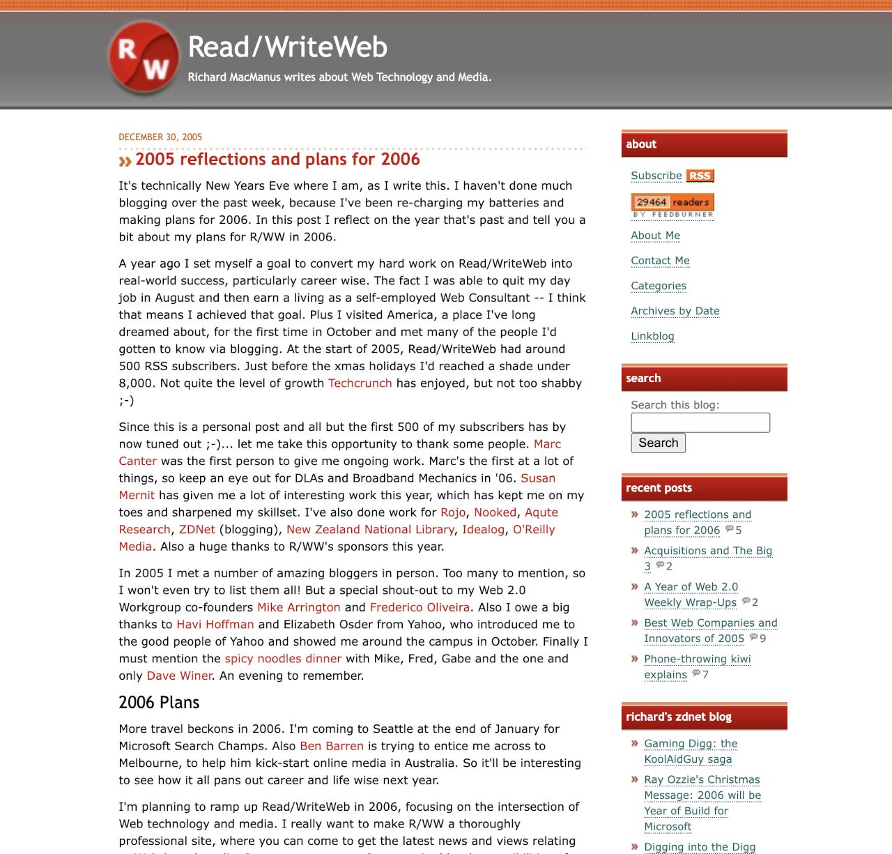 ReadWriteWeb homepage, 31 December 2005