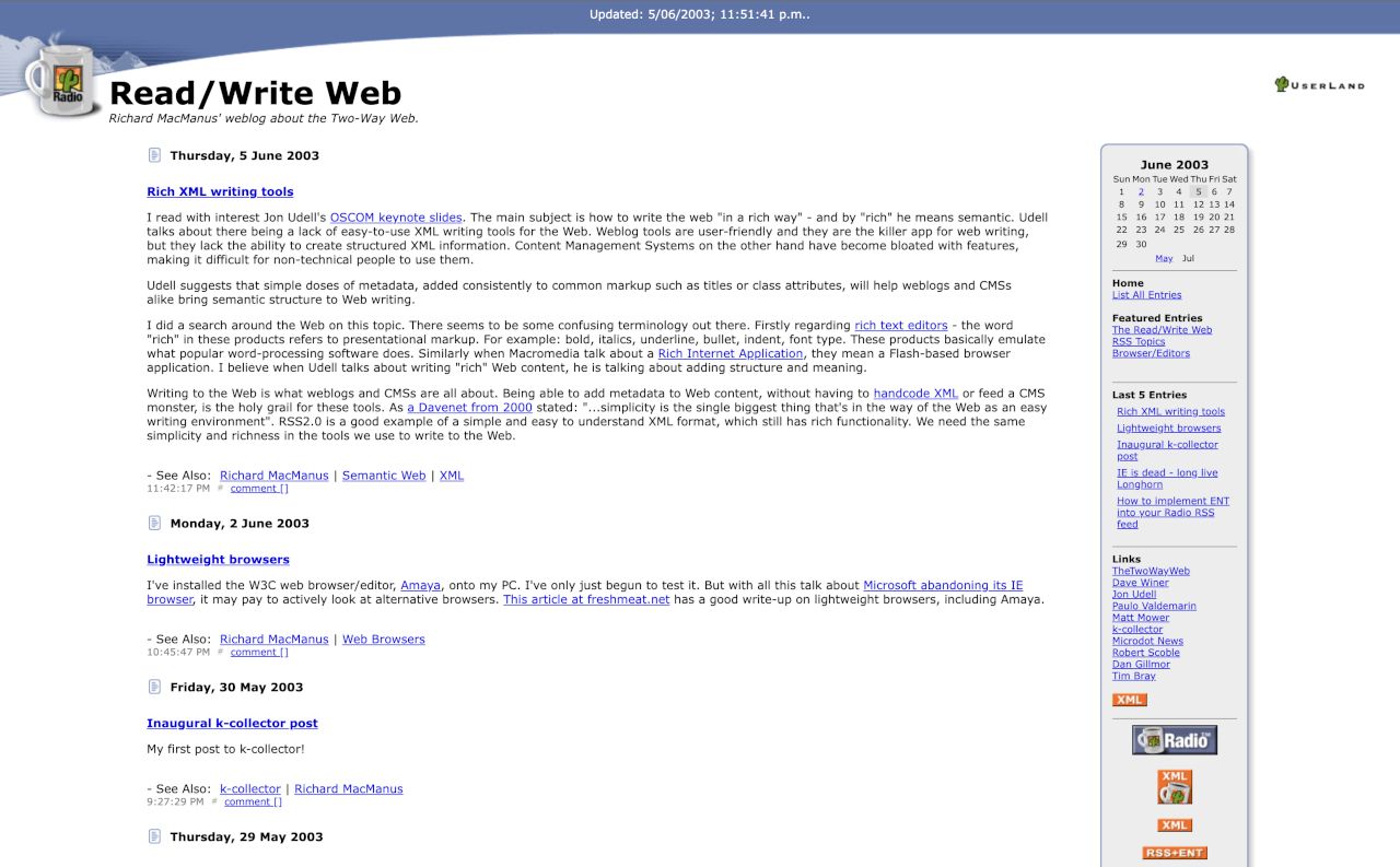 ReadWriteWeb homepage, 5 June 2003