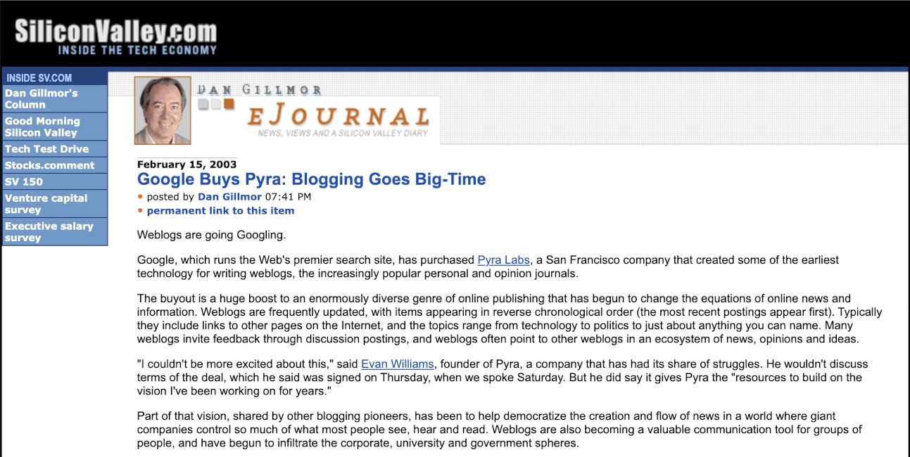 Dan Gillmor story on Google buying Blogger