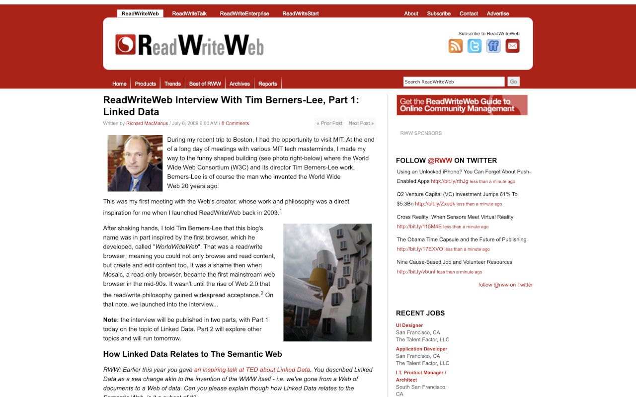 Screenshot of TBL interview on ReadWriteWeb, July 2009