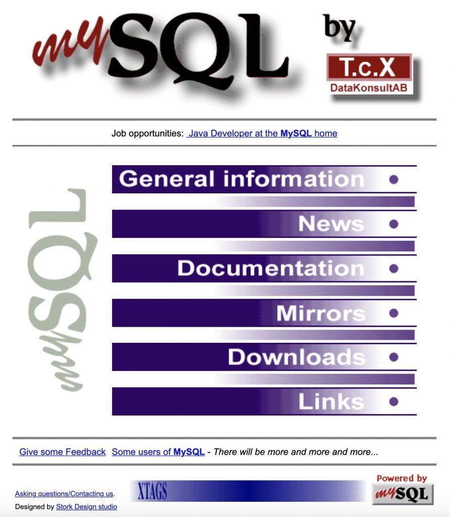 MySQL homepage, July 1998