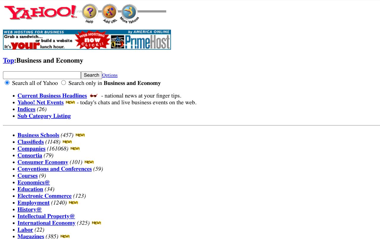 Yahoo website, December 1996