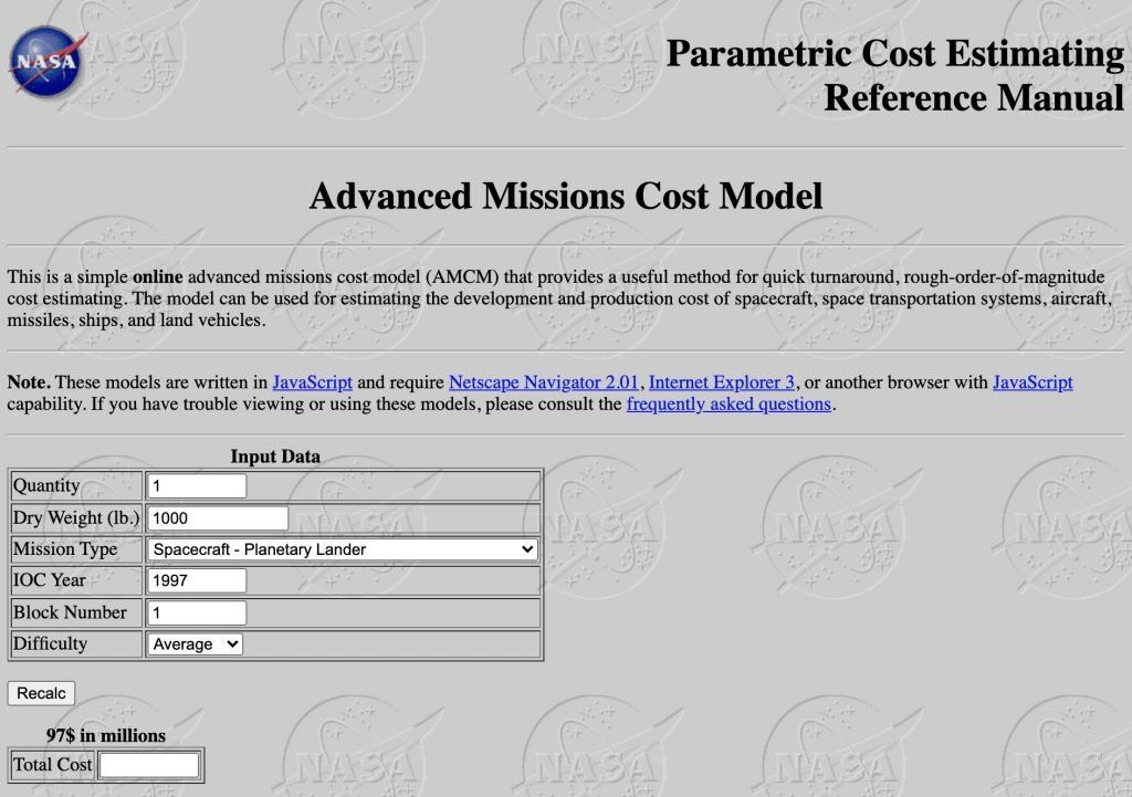 A NASA cost model, written in JavaScript