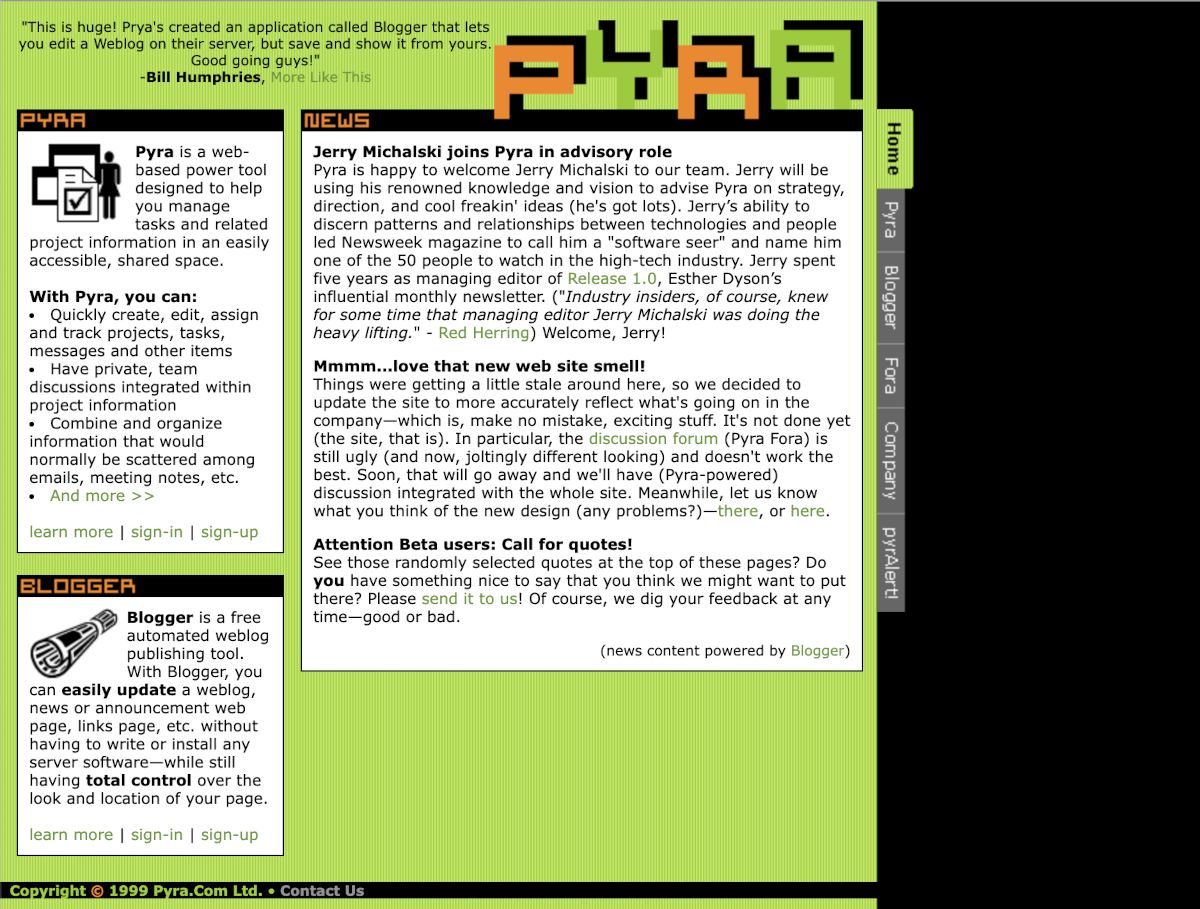 Pyra, October 1999