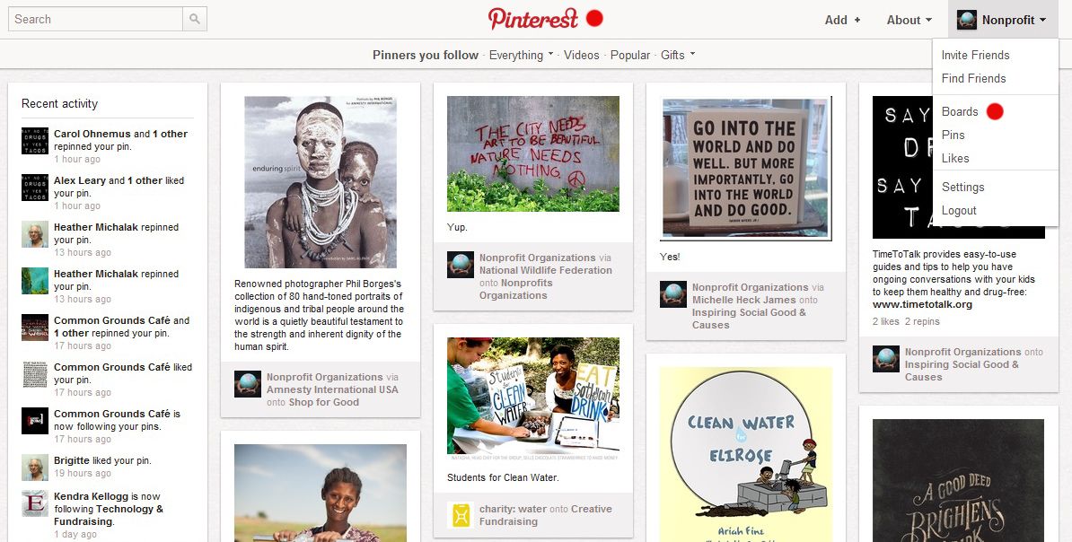 A Pinterest board in January 2012