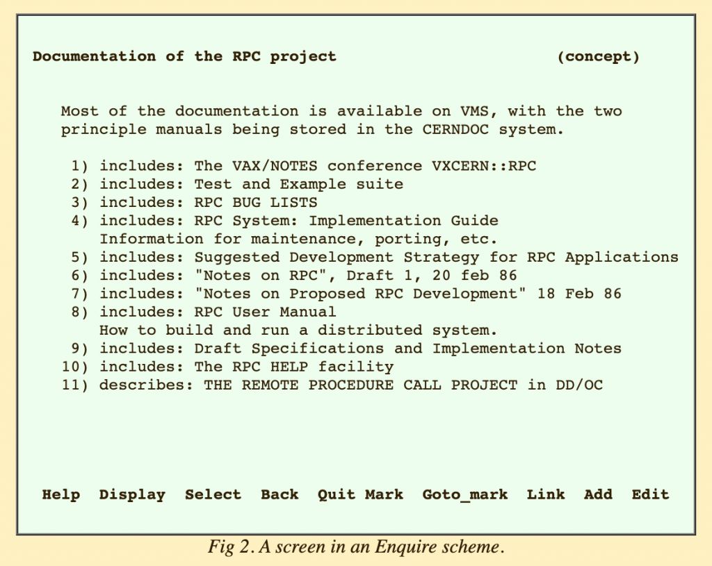 A screenshot of Enquire, a 1980 program by TBL