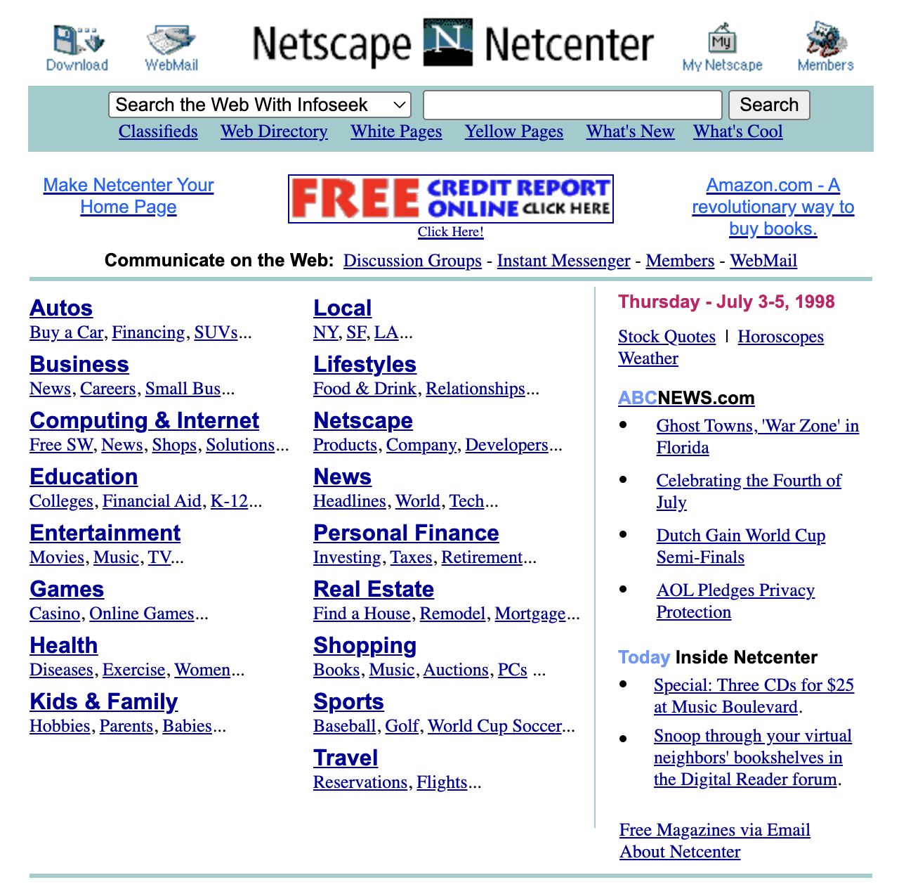 Screenshot of Netscape Netcenter, July 1998