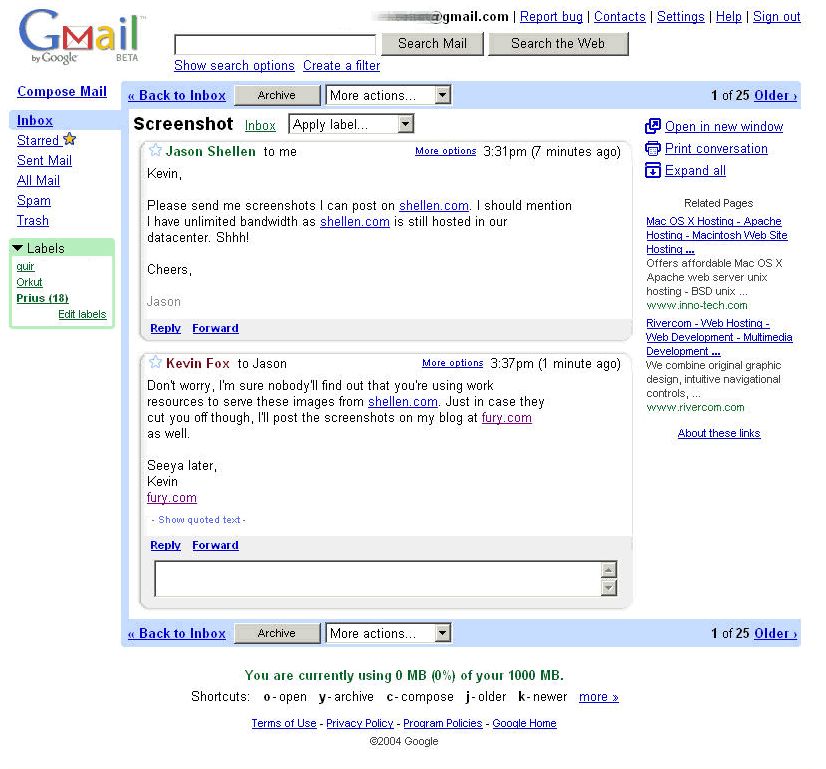 Gmail at launch, April 2004