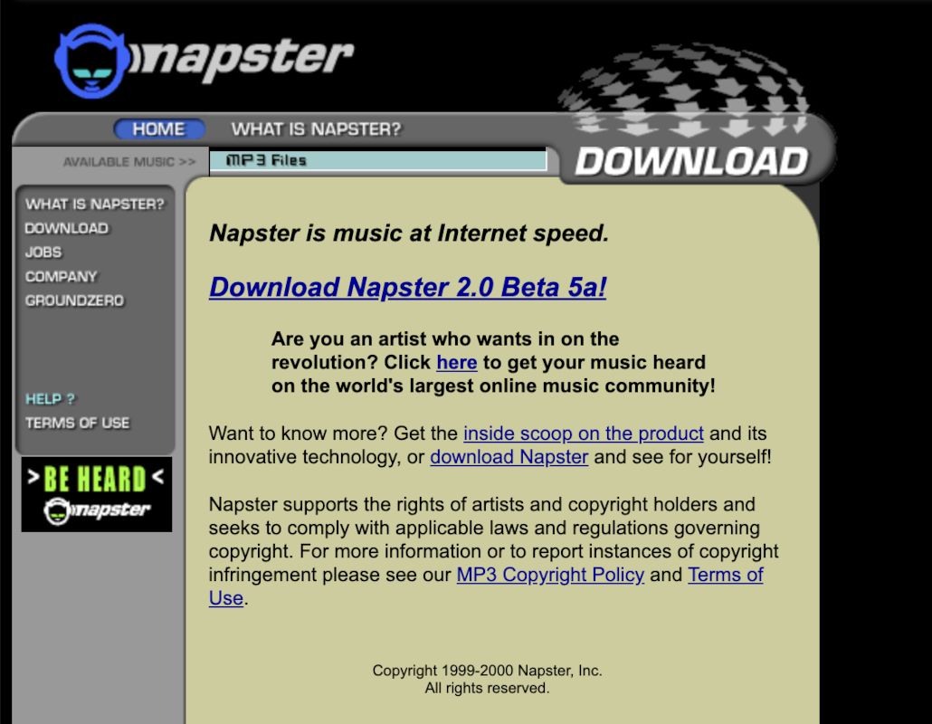 Napster homepage, early 2000