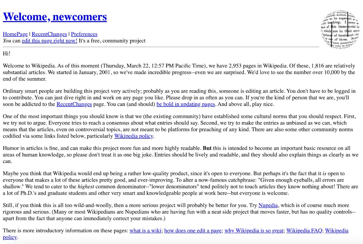 Wikipedia welcome newcomers, April 2001