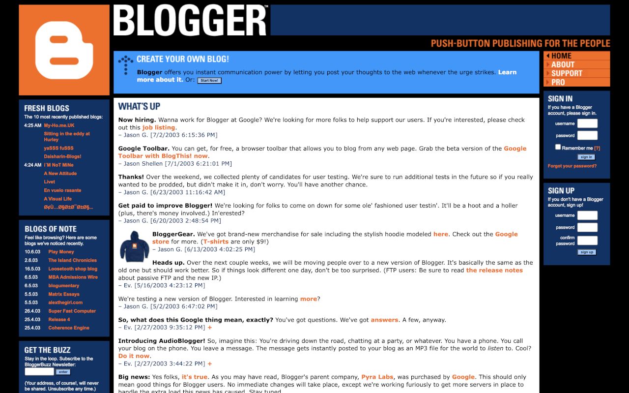 Blogger homepage, July 2003
